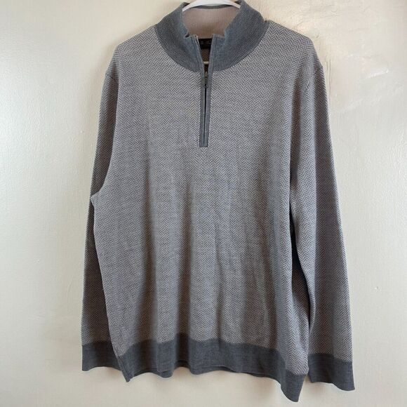 Brooks Brothers Sweater Grey Italian Yarn Merino Wool 1/4 Zip Herringbone Sz XL - Picture 1 of 10
